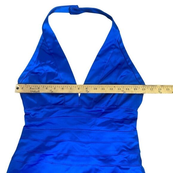 Elegant Adrianna Papell Boutique Evening maxi halter dress deep blue V neck - Picture 6 of 15